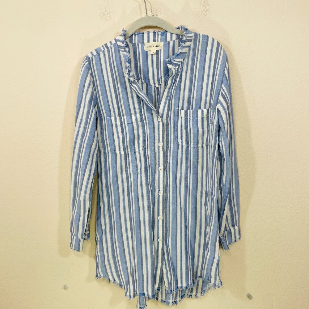 Cloth & Stone Womens SMALL Striped Tunic Top Blue Linen Button Down Blue Relaxed